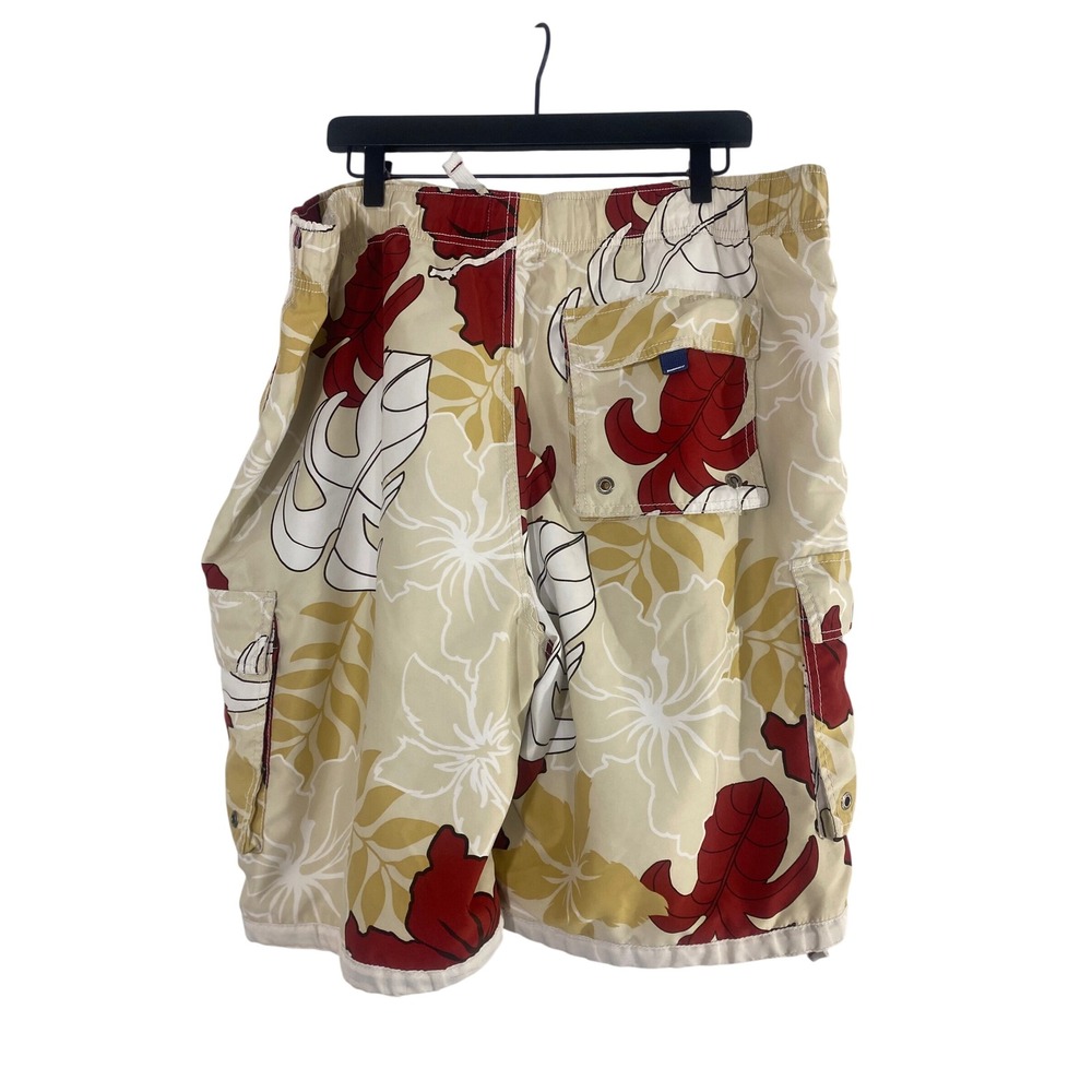 Aero Surf Board Shorts Mens XL Tan Red Excellent Tropical Hibiscus Cargo Swim